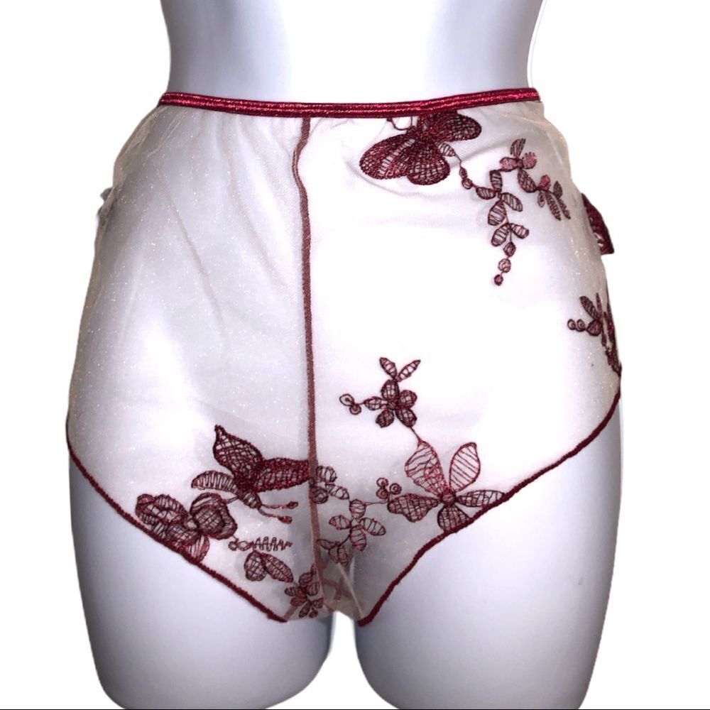 Romwe brand sheer panties burgundy trim/ flowers